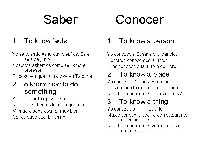 Saber Conocer 1. To know facts 1. To know a person Yo sé cuando