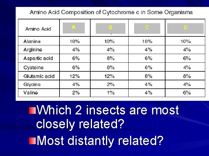 A B C Which 2 insects are most closely related? Most distantly related? D