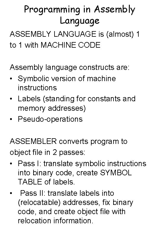 Programming in Assembly Language ASSEMBLY LANGUAGE is (almost) 1 to 1 with MACHINE CODE Programming in Assembly Language ASSEMBLY LANGUAGE is (almost) 1 to 1 with MACHINE CODE