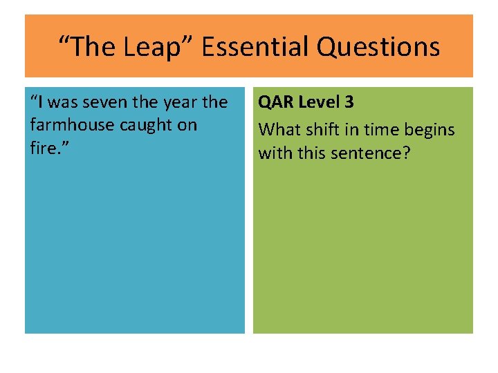 “The Leap” Essential Questions “I was seven the year the farmhouse caught on fire.