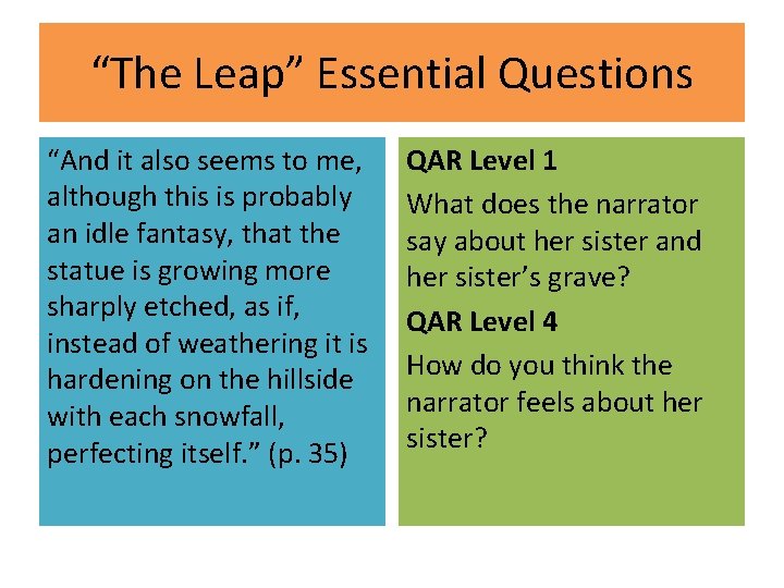 “The Leap” Essential Questions “And it also seems to me, although this is probably