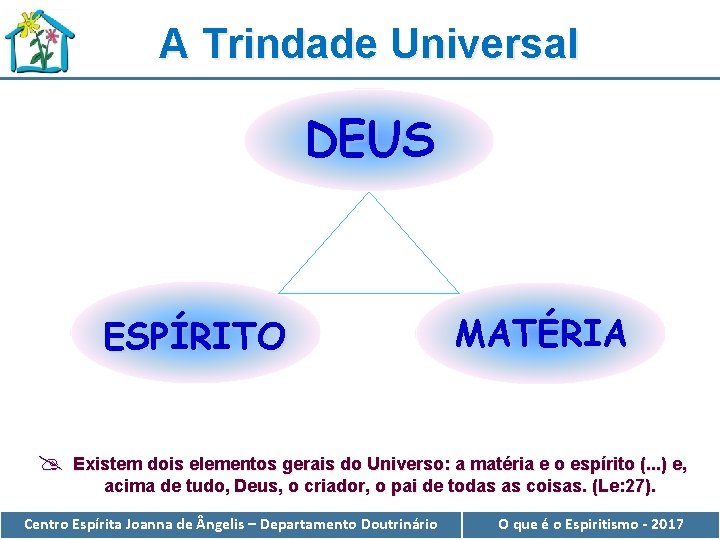 A Trindade Universal DEUS ESPÍRITO @ MATÉRIA Existem dois elementos gerais do Universo: a