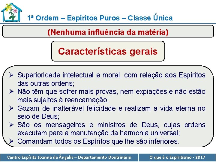 1ª Ordem – Espíritos Puros – Classe Única (Nenhuma influência da matéria) Características gerais