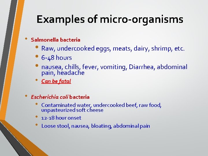 Examples of micro-organisms • Salmonella bacteria • Raw, undercooked eggs, meats, dairy, shrimp, etc.
