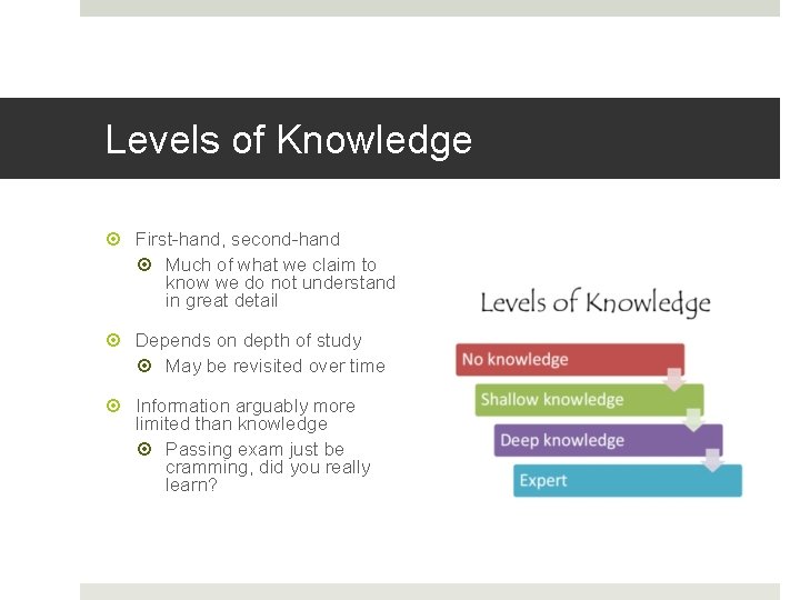 Levels of Knowledge First-hand, second-hand Much of what we claim to know we do