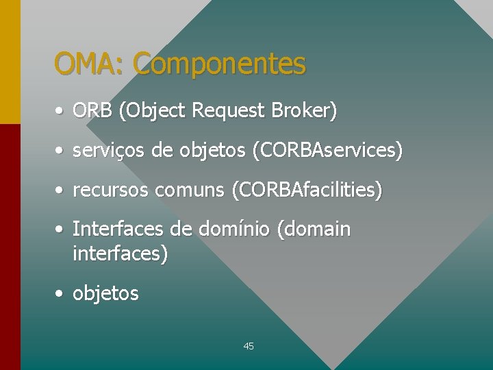 OMA: Componentes • ORB (Object Request Broker) • serviços de objetos (CORBAservices) • recursos