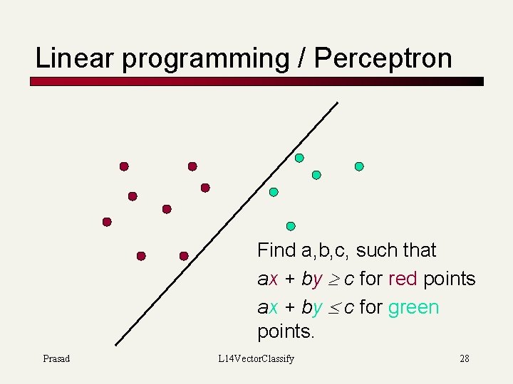 Linear programming / Perceptron Find a, b, c, such that ax + by c