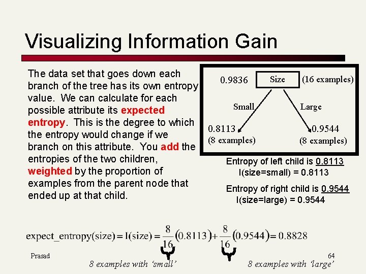 Visualizing Information Gain The data set that goes down each Size (16 examples) 0.