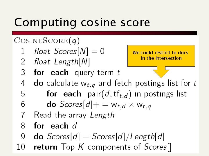 Computing cosine score We could restrict to docs in the intersection 