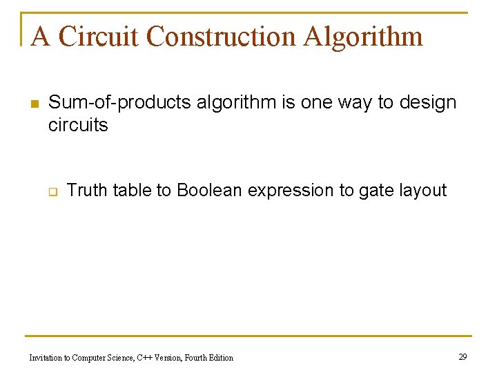 A Circuit Construction Algorithm n Sum-of-products algorithm is one way to design circuits q