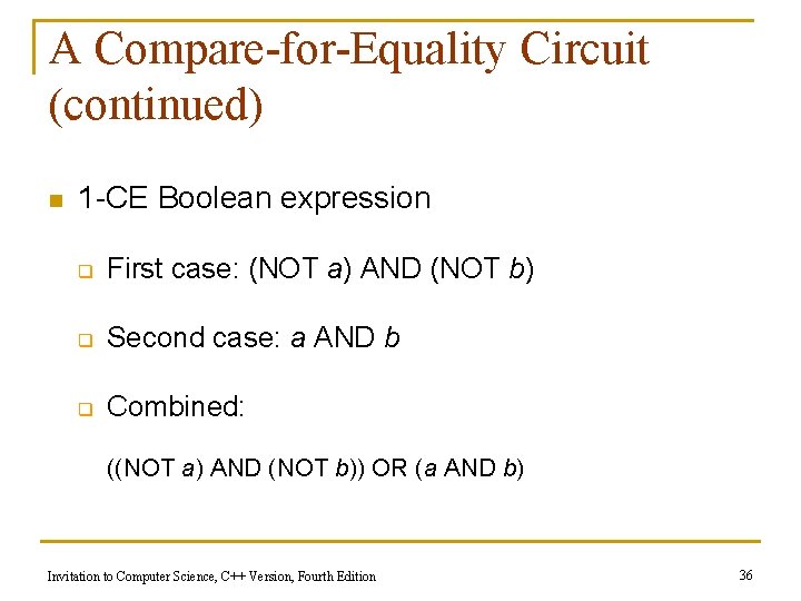 A Compare-for-Equality Circuit (continued) n 1 -CE Boolean expression q First case: (NOT a)
