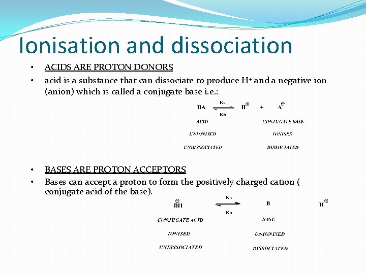 Ionisation and dissociation • • ACIDS ARE PROTON DONORS acid is a substance that