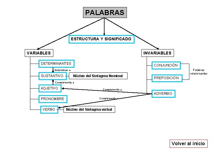 PALABRAS ESTRUCTURA Y SIGNIFICADO VARIABLES INVARIABLES DETERMINANTES CONJUNCIÓN Palabras relacionantes Determinan a SUSTANTIVO Núcleo