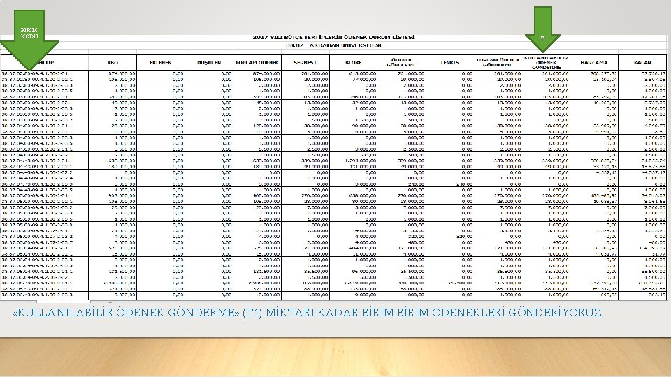 BİRİM KODU T 1 «KULLANILABİLİR ÖDENEK GÖNDERME» (T 1) MİKTARI KADAR BİRİM ÖDENEKLERİ GÖNDERİYORUZ.