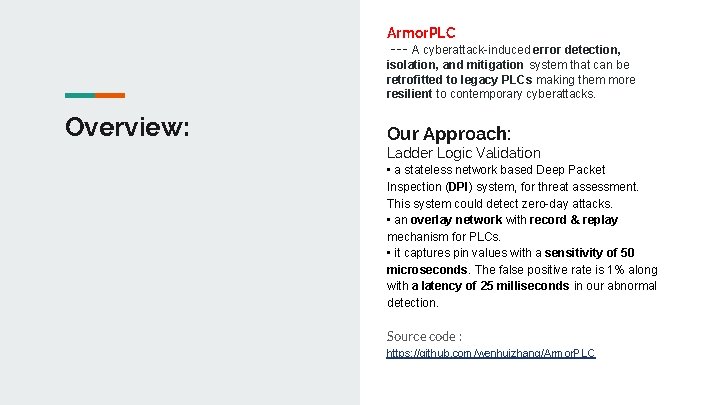 Armor. PLC --- A cyberattack-induced error detection, isolation, and mitigation system that can be