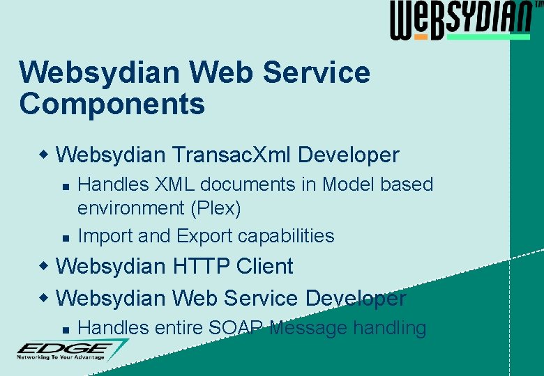 Websydian Web Service Components w Websydian Transac. Xml Developer n n Handles XML documents