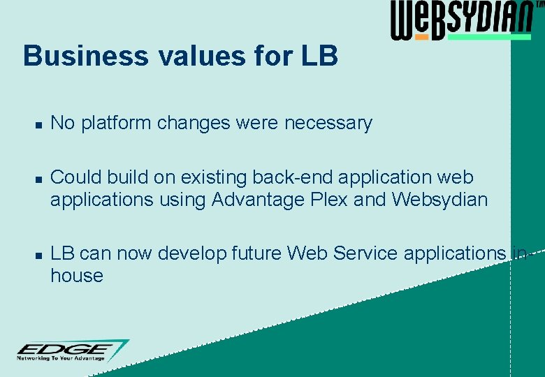 Business values for LB n n n No platform changes were necessary Could build