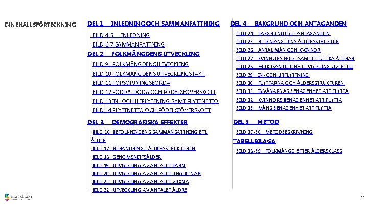 INNEHÅLLSFÖRTECKNING DEL 1 INLEDNING OCH SAMMANFATTNING DEL 4 BAKGRUND OCH ANTAGANDEN BILD 25 FOLKMÄNGDENS