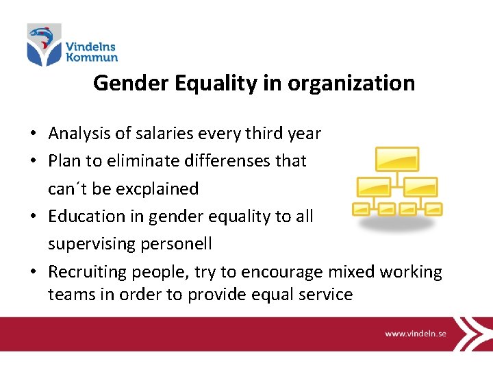Gender Equality in organization • Analysis of salaries every third year • Plan to