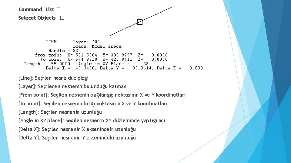 Command: List � Selecet Objects: � [Line]: Seçilen nesne düz çizgi [Layer]: Seçilenen nesnenin