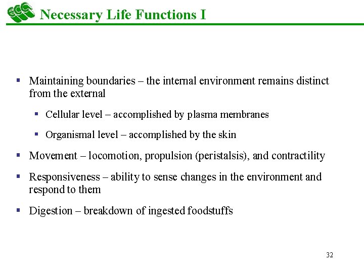 Necessary Life Functions I § Maintaining boundaries – the internal environment remains distinct from