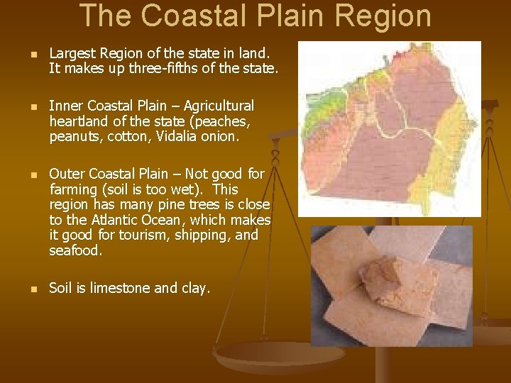 The Coastal Plain Region n n Largest Region of the state in land. It
