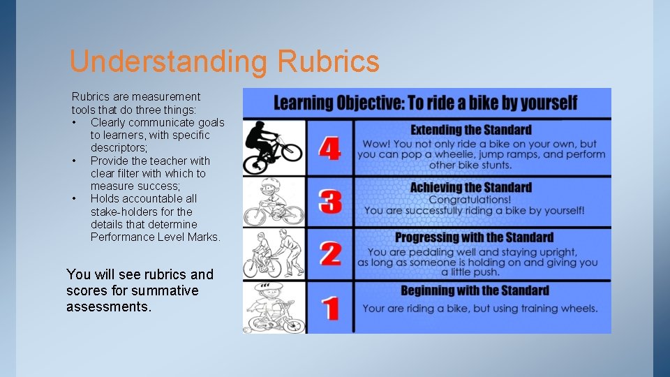 Understanding Rubrics are measurement tools that do three things: • Clearly communicate goals to