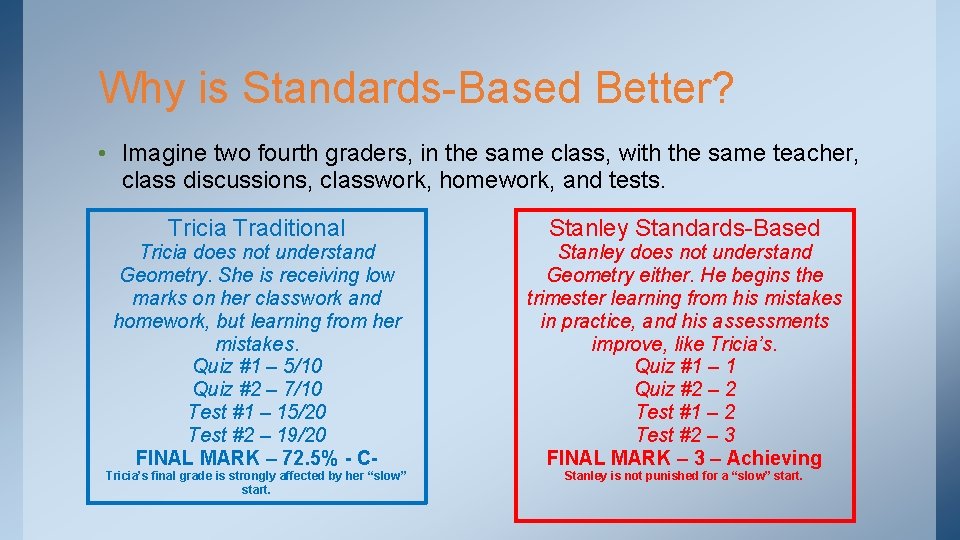 Why is Standards-Based Better? • Imagine two fourth graders, in the same class, with