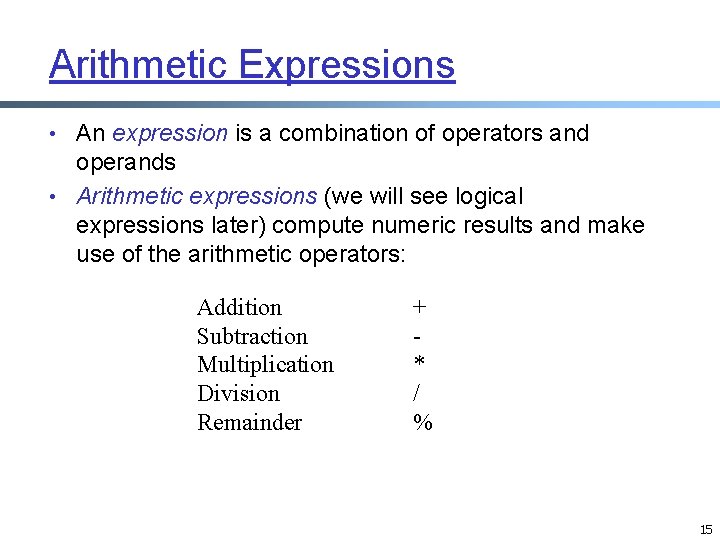 Arithmetic Expressions • An expression is a combination of operators and operands • Arithmetic Arithmetic Expressions • An expression is a combination of operators and operands • Arithmetic