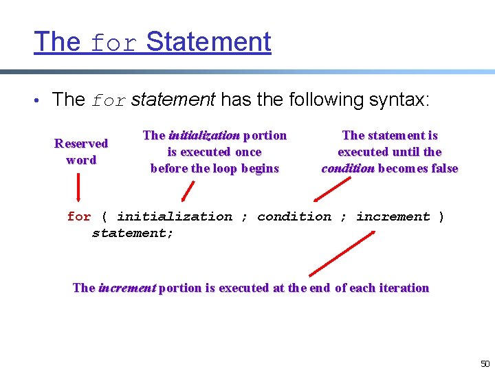The for Statement • The for statement has the following syntax: Reserved word The The for Statement • The for statement has the following syntax: Reserved word The