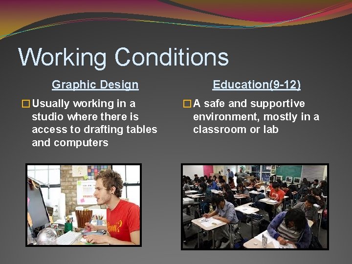Working Conditions Graphic Design �Usually working in a studio where there is access to
