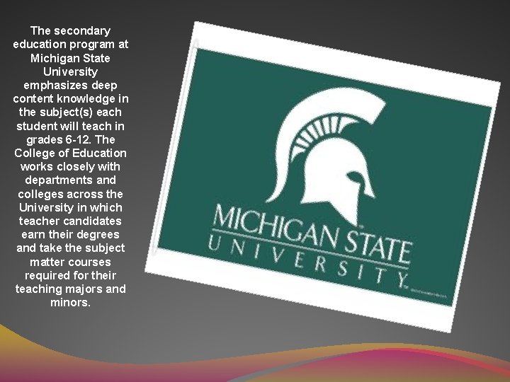 The secondary education program at Michigan State University emphasizes deep content knowledge in the
