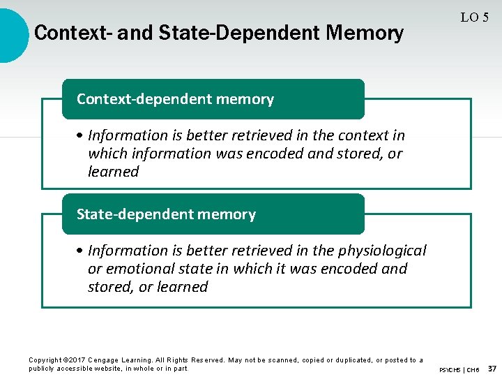 Context- and State-Dependent Memory LO 5 Context-dependent memory • Information is better retrieved in