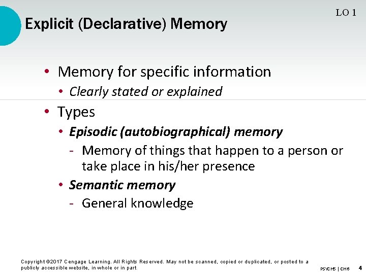 Explicit (Declarative) Memory LO 1 • Memory for specific information • Clearly stated or