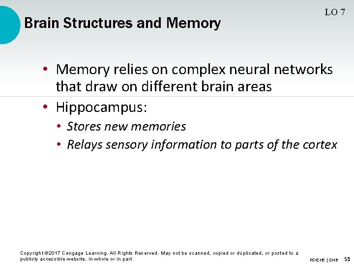 Brain Structures and Memory LO 7 • Memory relies on complex neural networks that