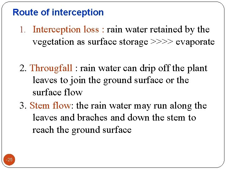 Route of interception 1. Interception loss : rain water retained by the vegetation as
