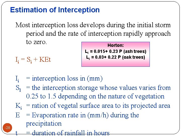 Estimation of Interception Most interception loss develops during the initial storm period and the