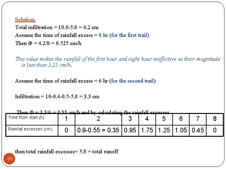 Solution: Total infiltration = 10. 0 -5. 8 = 4. 2 cm Assume the