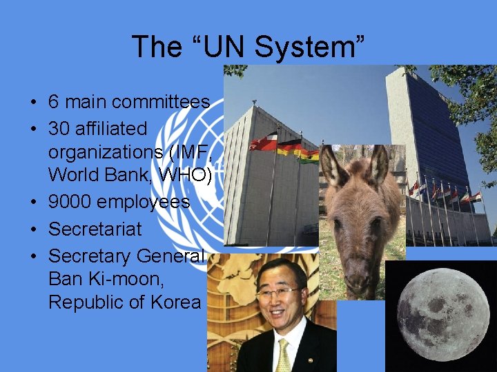 The “UN System” • 6 main committees • 30 affiliated organizations (IMF, World Bank,