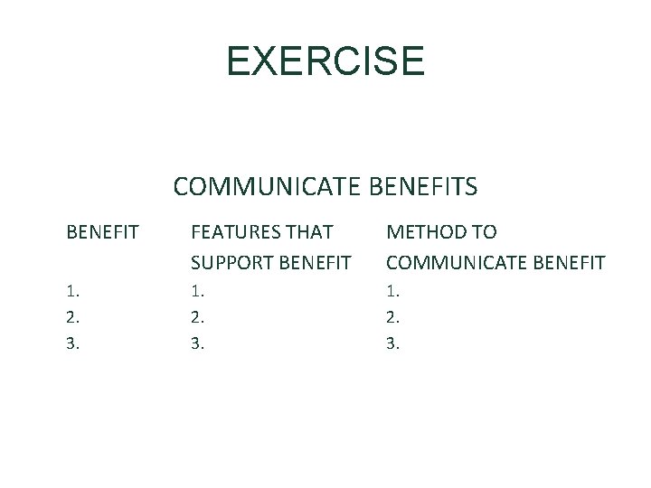 EXERCISE COMMUNICATE BENEFITS BENEFIT FEATURES THAT SUPPORT BENEFIT METHOD TO COMMUNICATE BENEFIT 1. 2.