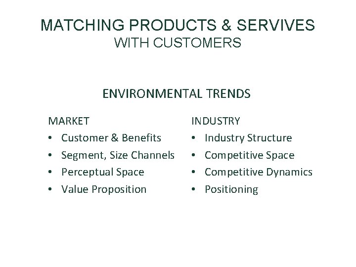 MATCHING PRODUCTS & SERVIVES WITH CUSTOMERS ENVIRONMENTAL TRENDS MARKET • Customer & Benefits •