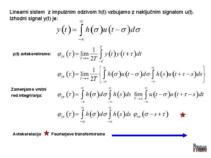 Linearni sistem z impulznim odzivom h(t) vzbujamo z naključnim signalom u(t). Izhodni signal y(t)