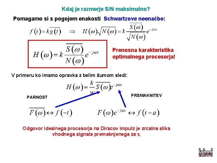 Kdaj je razmerje S/N maksimalno? Pomagamo si s pogojem enakosti Schwartzove neenačbe: Prenosna karakteristika