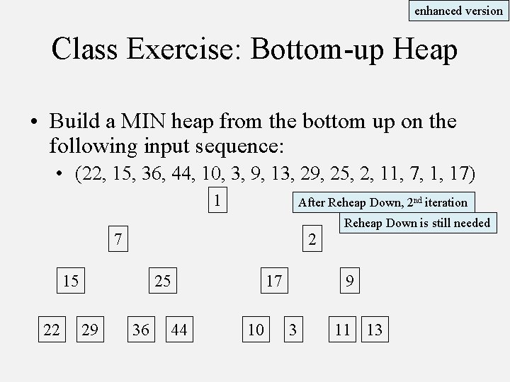 enhanced version Class Exercise: Bottom-up Heap • Build a MIN heap from the bottom