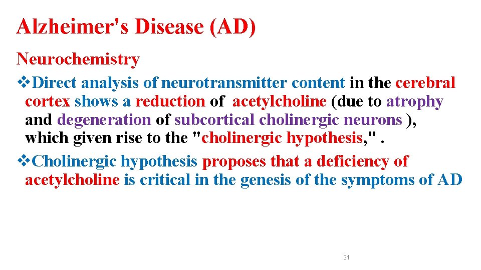 Alzheimer's Disease (AD) Neurochemistry v. Direct analysis of neurotransmitter content in the cerebral cortex