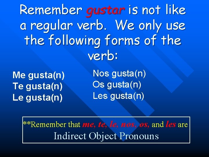 Remember gustar is not like a regular verb. We only use the following forms
