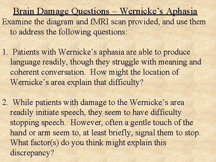 Brain Damage Questions – Wernicke’s Aphasia Examine the diagram and f. MRI scan provided,