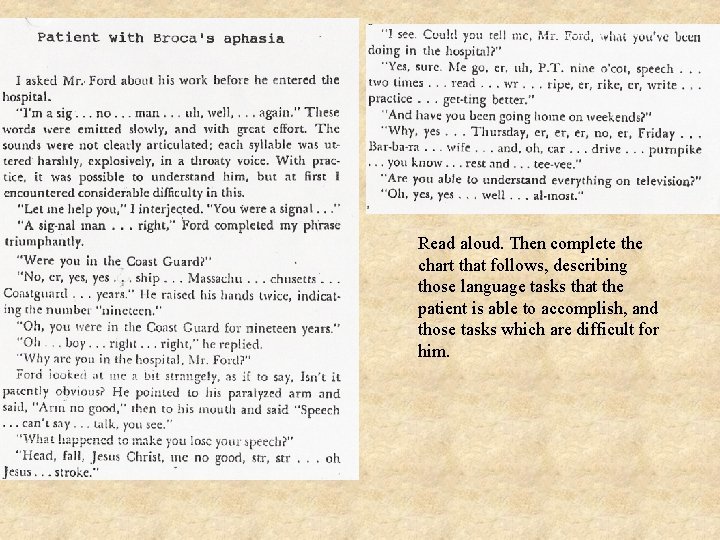 Read aloud. Then complete the chart that follows, describing those language tasks that the
