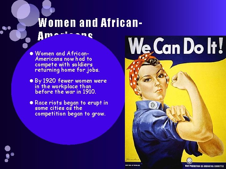 Women and African. Americans now had to compete with soldiers returning home for jobs.