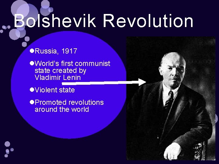 Bolshevik Revolution Russia, 1917 World’s first communist state created by Vladimir Lenin Violent state